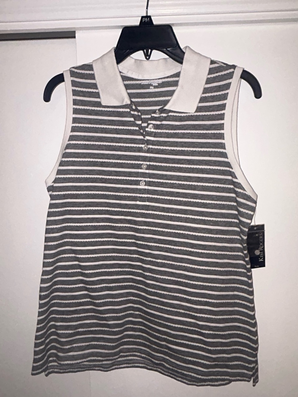 Kim Rogers Sleeveless Gray & White Striped Petite Medium Polo Shirt